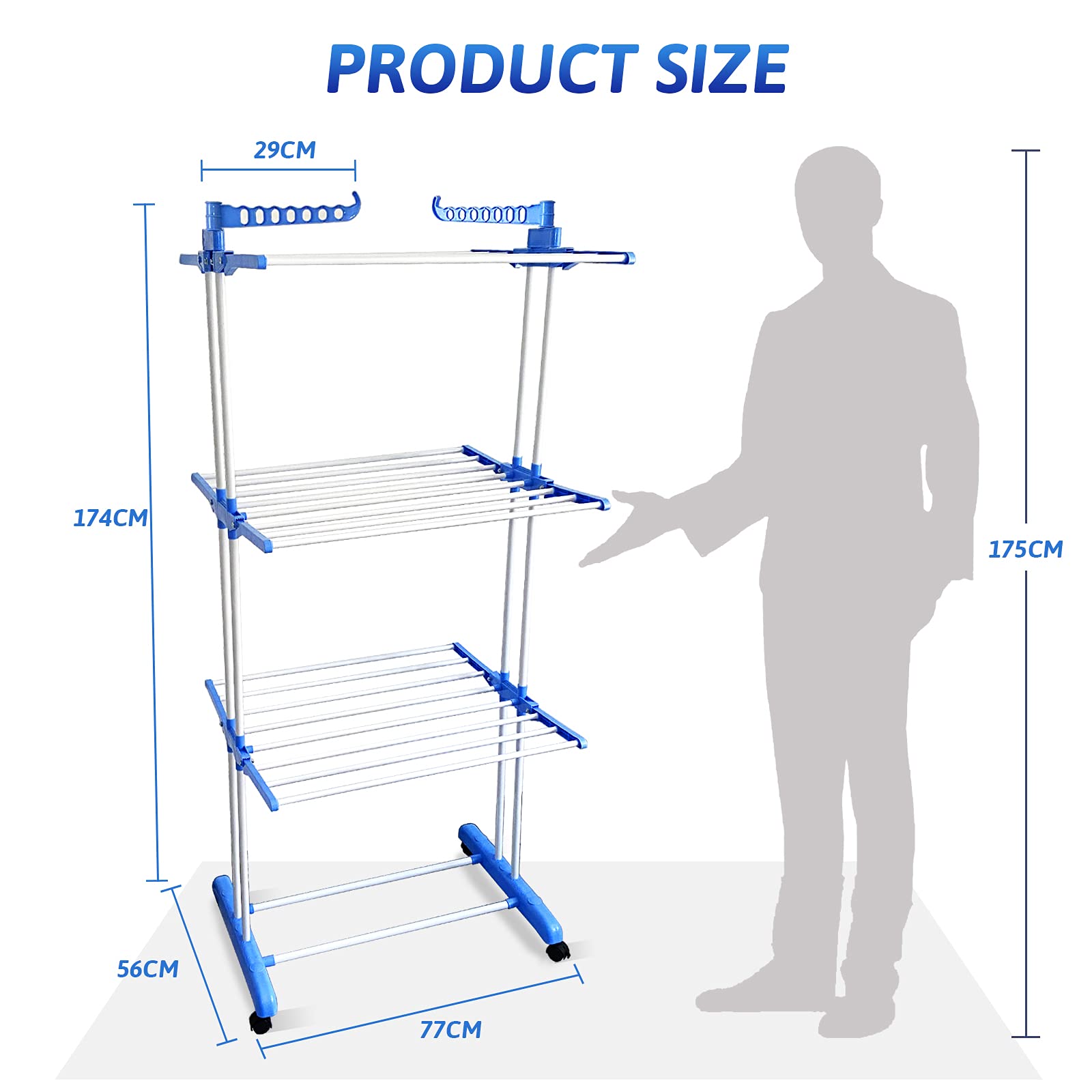 SKY-TOUCH 3 Layers Clothes Drying Rack Folding Clothes Rail Of Clothes Hanger, Adjustable Stainless Steel Hanger With Two Side Folding Wings For Indoor And Outdoor, Blue
