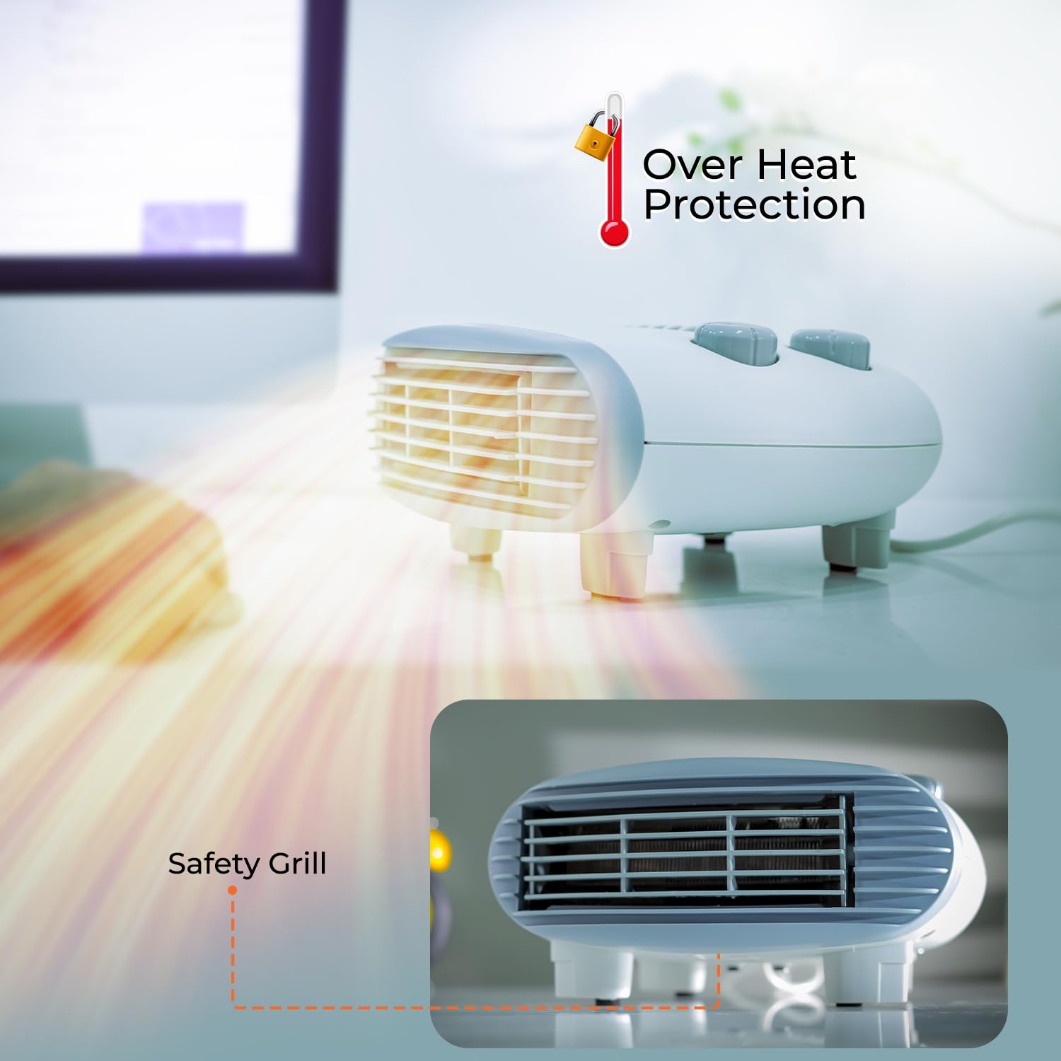 Geepas Portable Flat Fan Heater – Upright or Flatbed, Adjustable Thermostat with 2 Heat Settings 1000-2000W & Overheat Protection - Lightweight Heater with Cool, Warm & Hot Wind