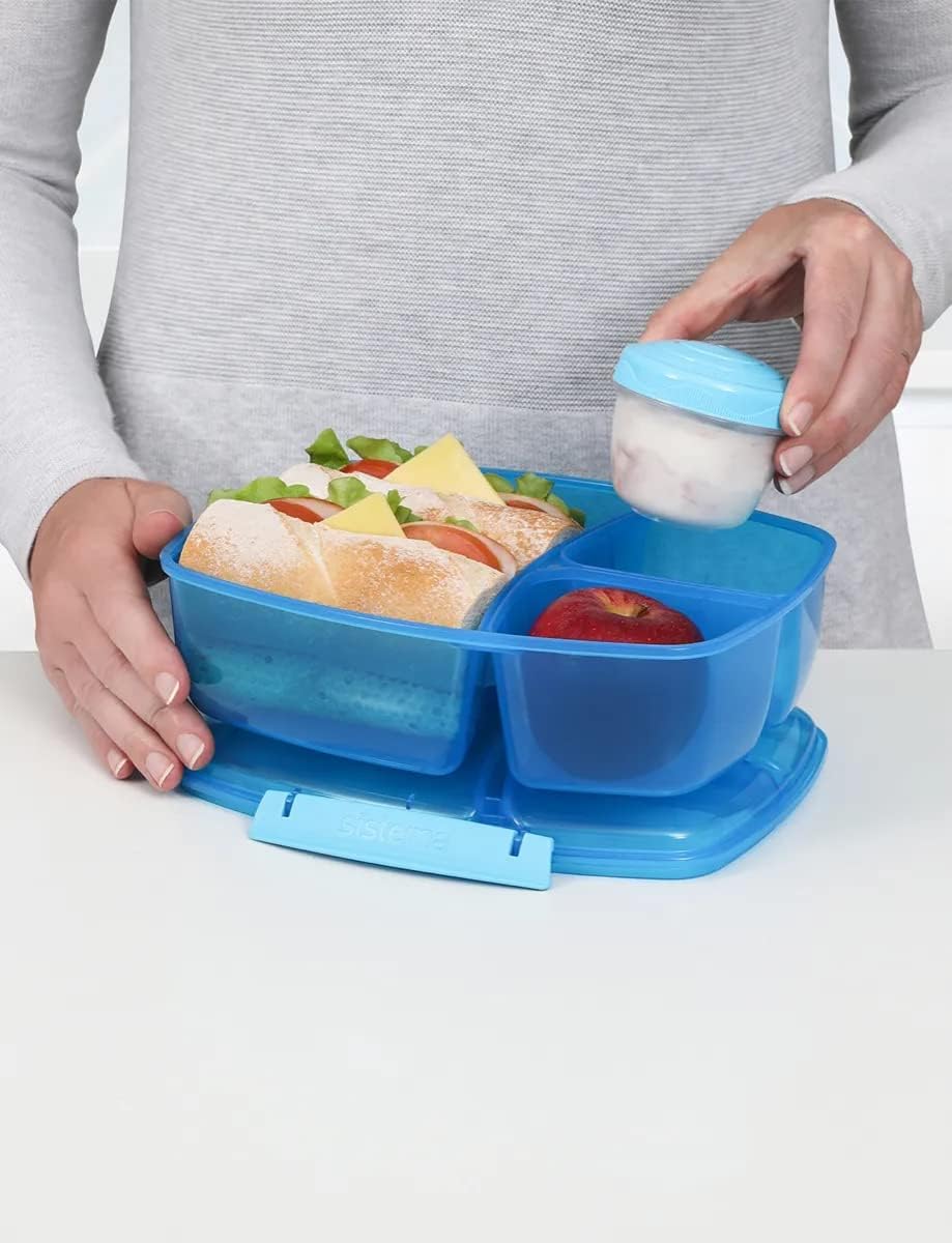 Sistema Lunch Triple Split Box With Yoghurt Pot, Blue, 24.5 X 9.2 X 20 Cm, 40920-2