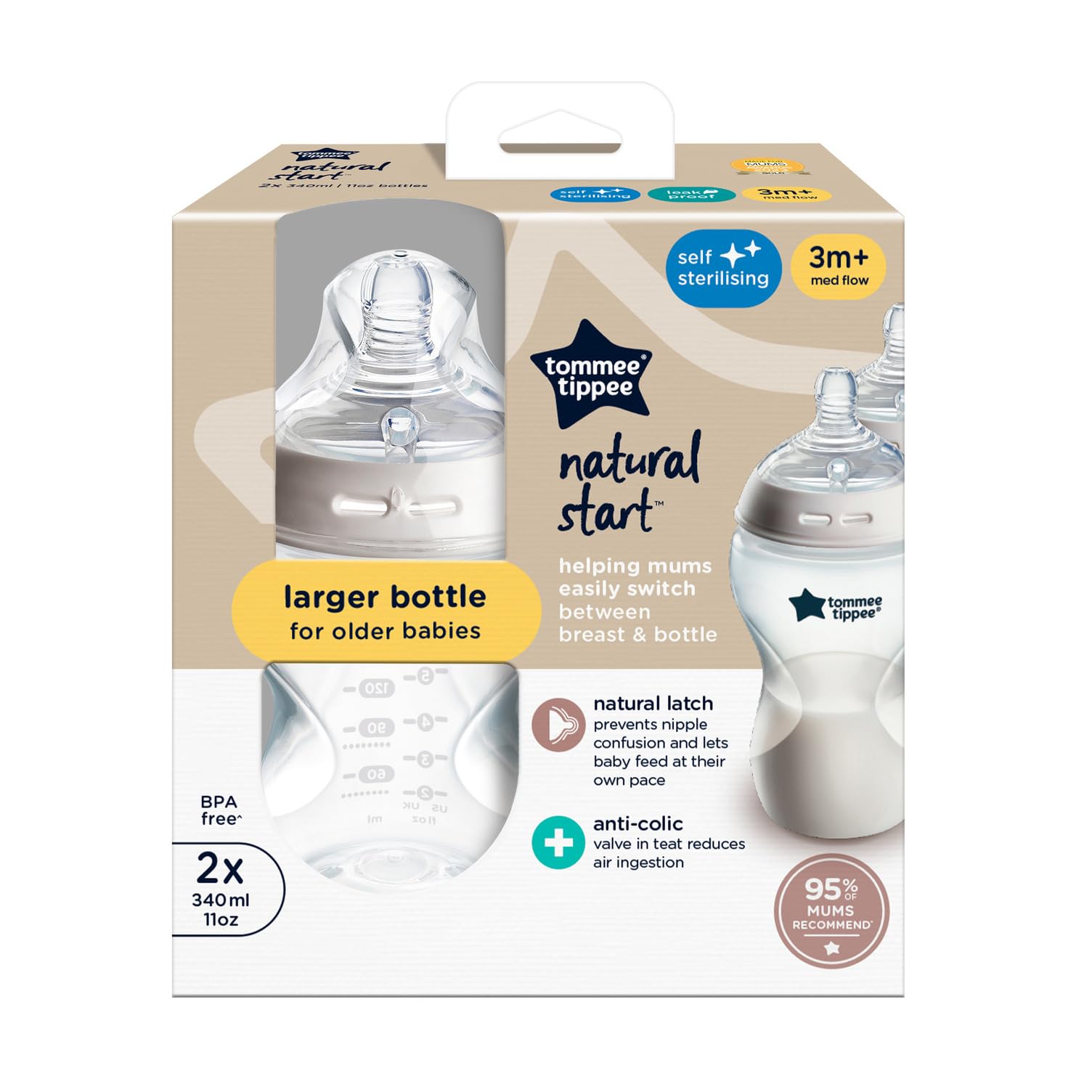 Tommee Tippee Closer To Nature Feeding Bottles 2X 340ml, White, 2342262071, 340 ml