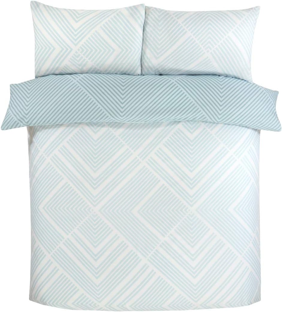 Sleepdown Striped Geometric Duck Egg Reversible Easy Care Duvet Cover Quilt Bedding Set with Pillowcases-Double (200cm x 200cm), Cotton Mix, Duckegg