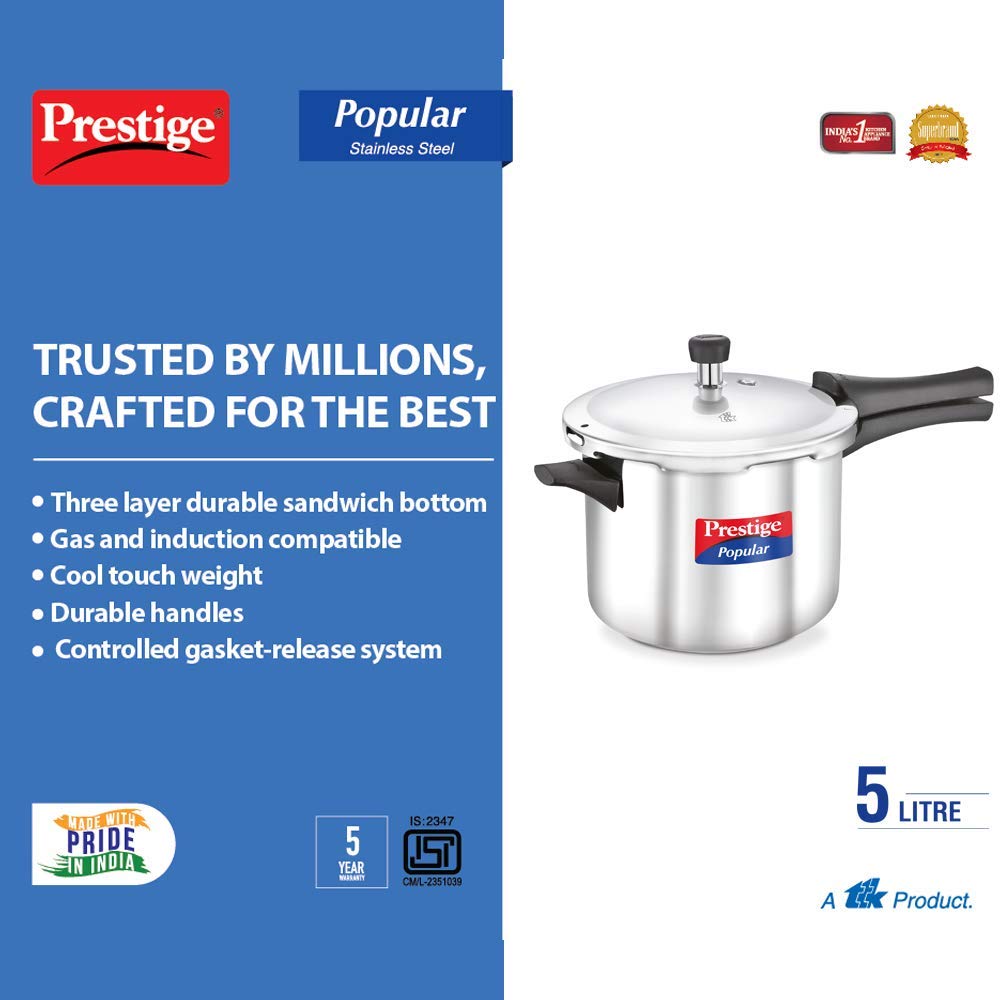 Prestige Popular 5 Ltr Pressure Cooker|Stainless Steel Induction Compatible Cooker|4.5 mm Thick Alpha Base|Sturdy Handles MPP20652 Silver