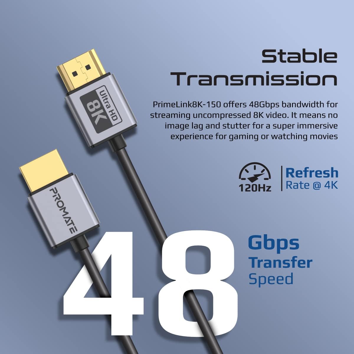 Promate HDMI 2.1 Cable, 1.5m HDMI to HDMI Slim Cable with 48Gbps Bandwidth, 8K@60Hz Resolution, UHD Dynamic HDR eARC Wire for MacBook Pro, PS5, TV, Xbox, Roku, Blu-ray Projector, PrimeLink8K-150