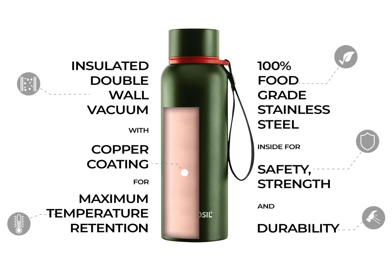 Borosil - Stainless Steel Hydra Trek - Vacuum Insulated Flask Water Bottle, 500 ML, Green