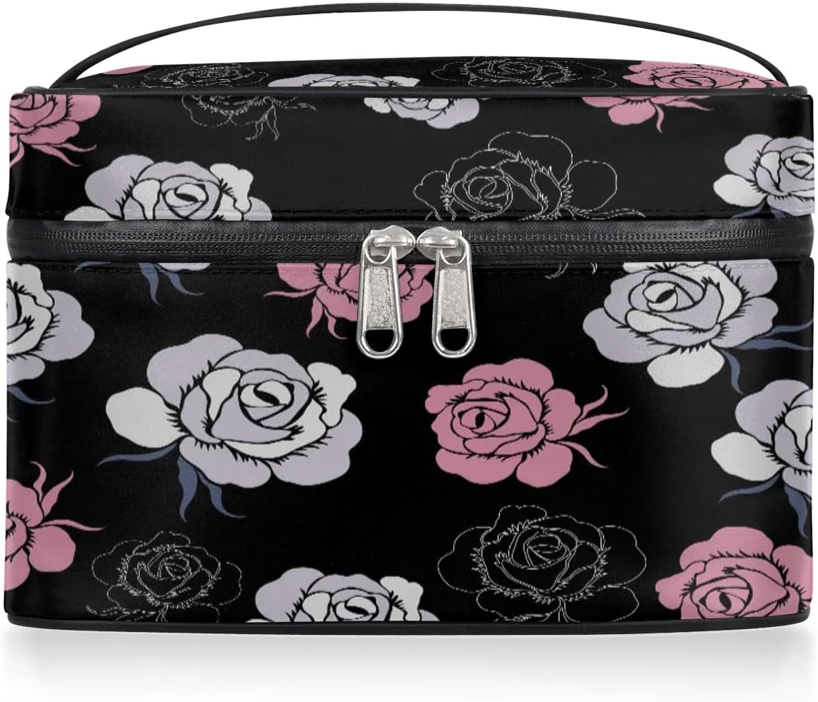 lakefvgk Travel Makeup Bag, Rose Cosmetic Bag for Women Girls, Portable Large Toiletry Bag Case Organizer for Toiletries Accessories Brushes