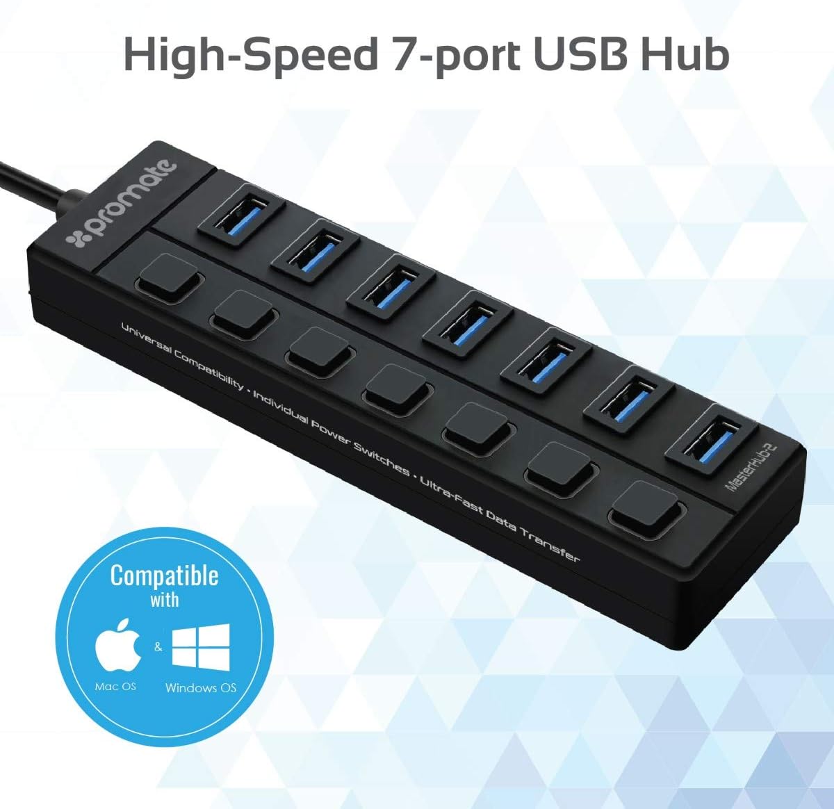 Promate USB Hub 3.0, Premium 7 Port USB 3.0 Data Hub with 5V/2A Power Adapter, 1m USB Cable, 5 Gbps Transfer Speed, Individual On/Off Switches and LEDs Included for PC, MacBook, MasterHub-2