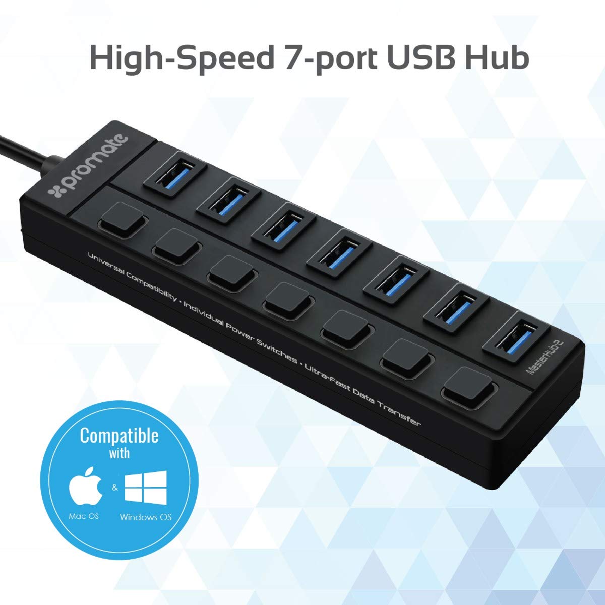 Promate USB Hub 3.0, Premium 7 Port USB 3.0 Data Hub with 5V/2A Power Adapter, 1m USB Cable, 5 Gbps Transfer Speed, Individual On/Off Switches and LEDs Included for PC, MacBook, MasterHub-2