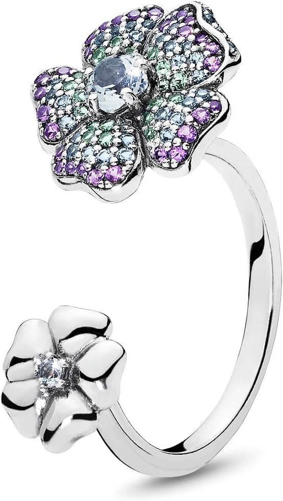 PANDORA Floral Silver Ring With Royal Purple Crystal Aqua Blue Crystal and Vivid Green Crystal