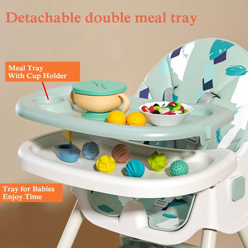 2-1 Baby High Chair, Foldable Infant Dining Chair Rocking Chair, Multifunctional Toddler Kids Feeding Chair, 3Gears Adjustable Recliner Chair with Eating Food Tary & 360° Wheels (Khaki)