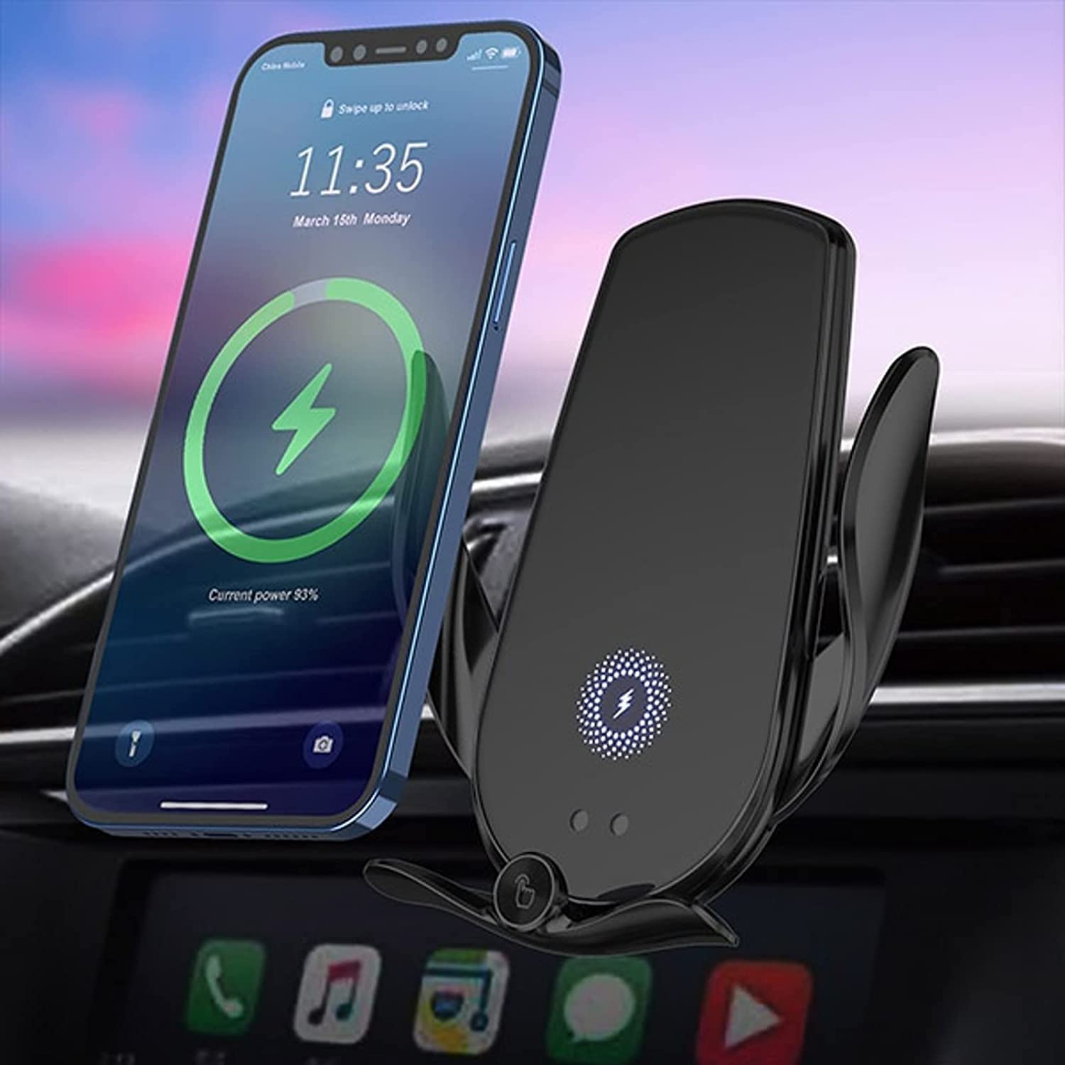 Sky-Touch Wireless Car Charger: 15W Qi Fast Charging Auto-Clamping Car Phone Holder Air Vent Windshield Dashboard Car Phone Mount Infrared Induction Bracket Car Bracket Charger Black