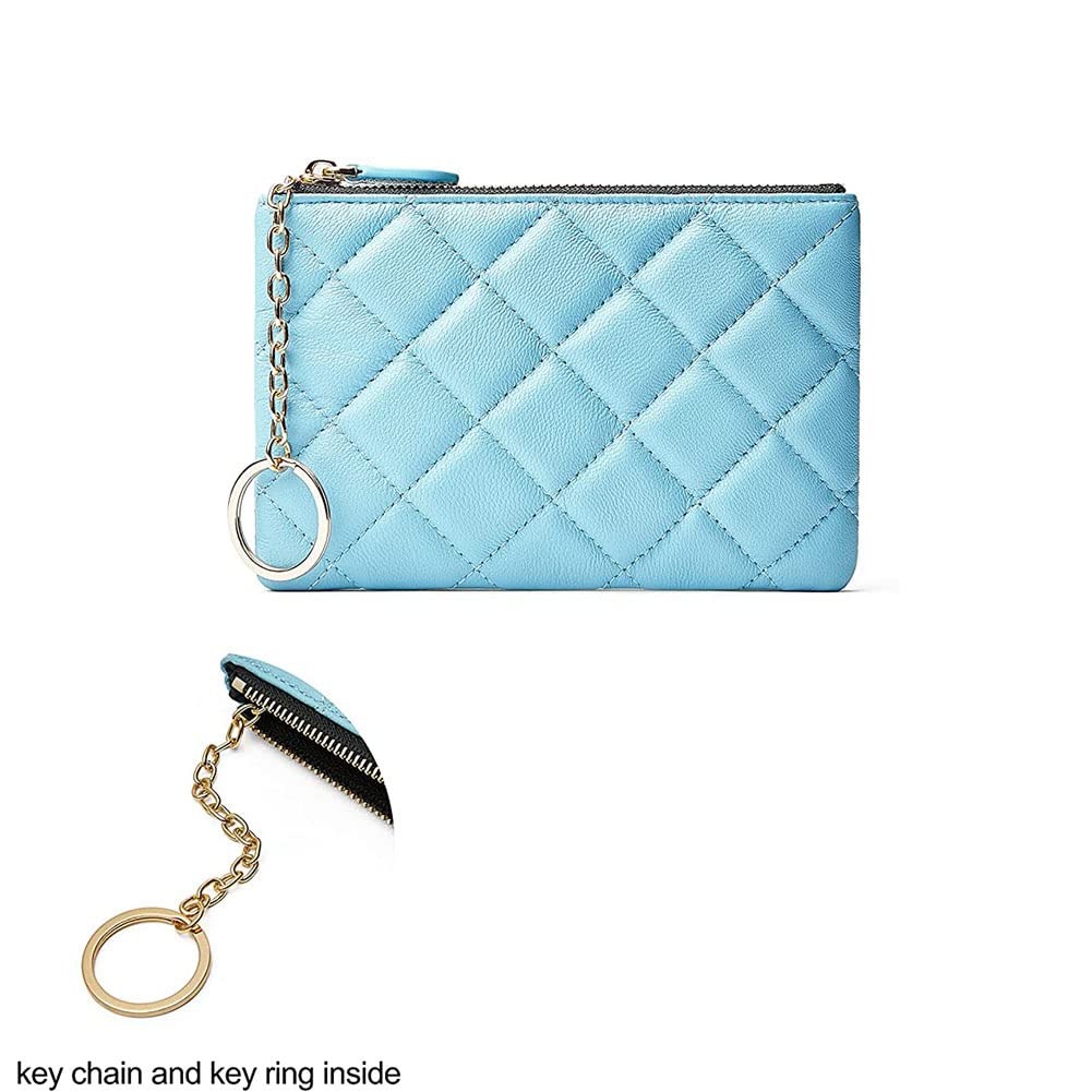 Premium Genuine Full Grain Leather Mini Coin Purse Keychain Pouch for Men  Women - Small Quilted Blocking Top Zipper Wallet with Key Chain