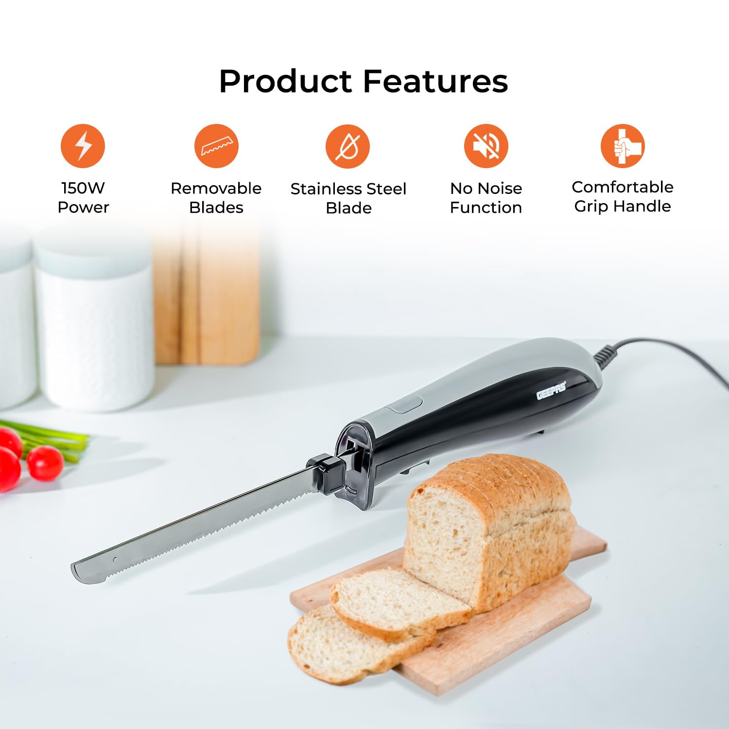 Geepas 150W Electric Knife – Serrated Carving Knife - Can Cut Turkey, Meat, Bread, Vegetables, Fruits, Ham, and Cooked Beef – Single Start Button & Eject Button – (Black & Grey)