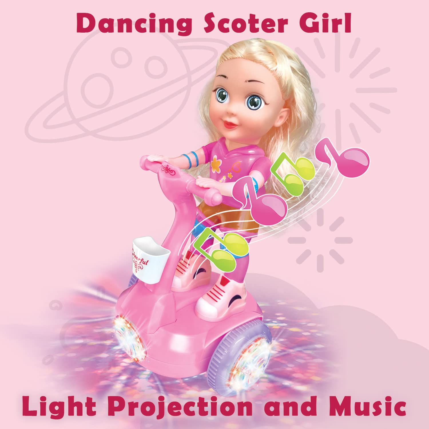 Kidwala magical cute pink doll & yellow hair riding hover balance board, lights & Music with colorful wheels light 360-degree spin doll with battery, an oblique dancing doll with music