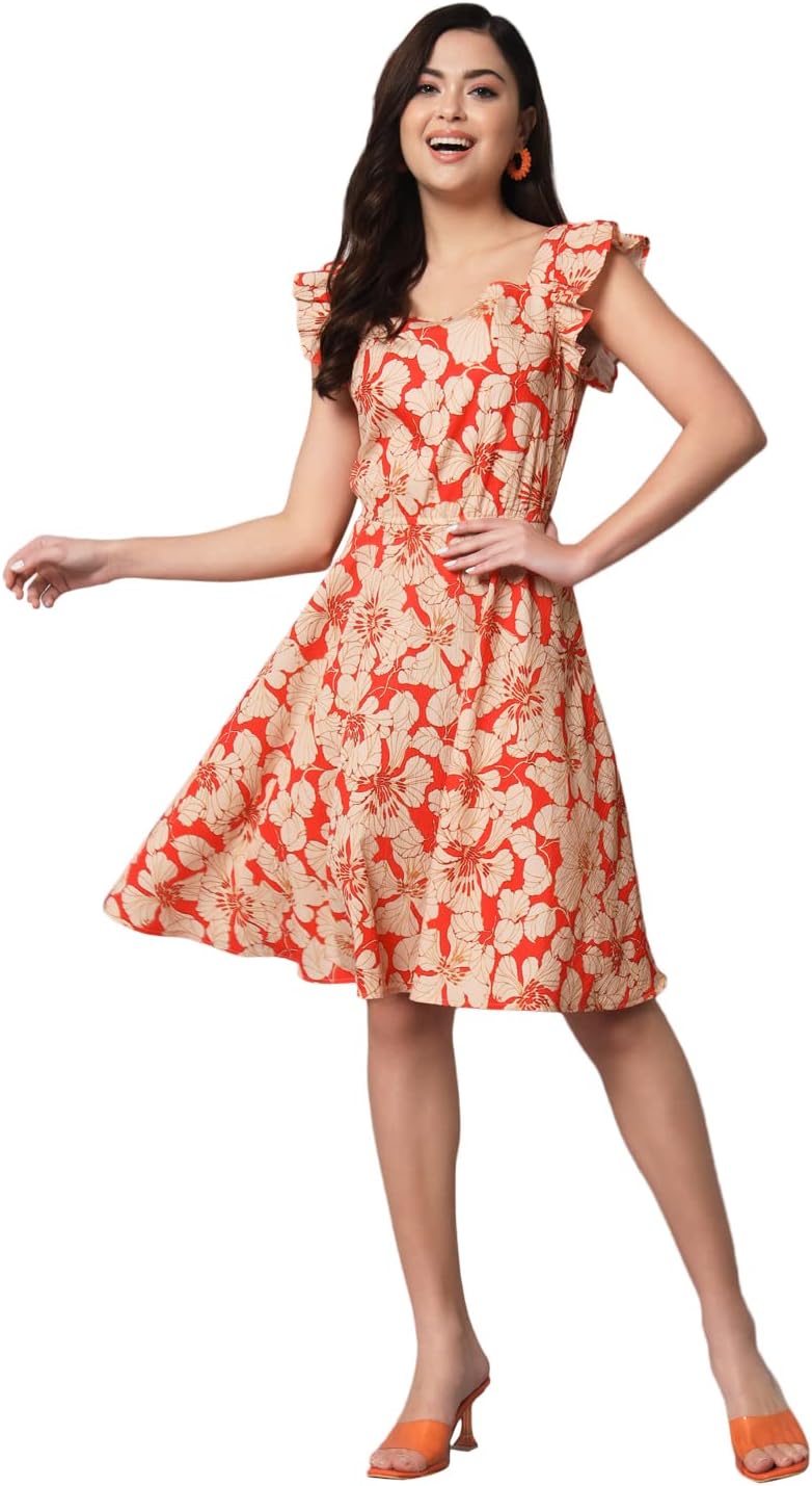 Styleville,Red Big Floral Line Printed Mini Dress