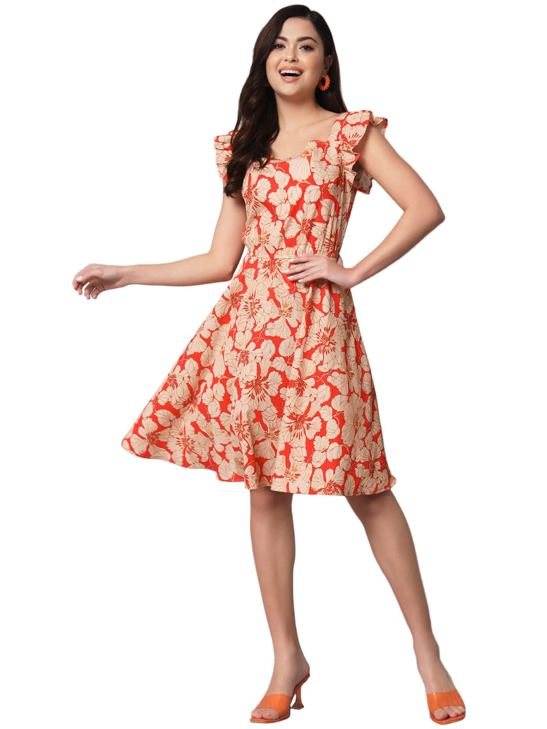 Styleville,Red Big Floral Line Printed Mini Dress