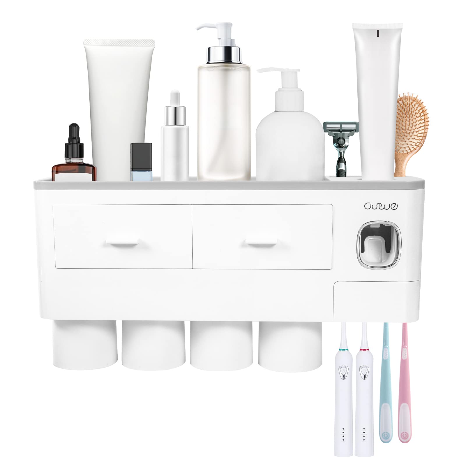 SKY-TOUCH Toothbrush Holders,Toothbrush Rack,Wall Mounted Multifunctional Space-Saving Toothbrush and Toothpaste Holder with Automatic Toothpaste Dispenser,for Washroom and Bathroom,4 Cups