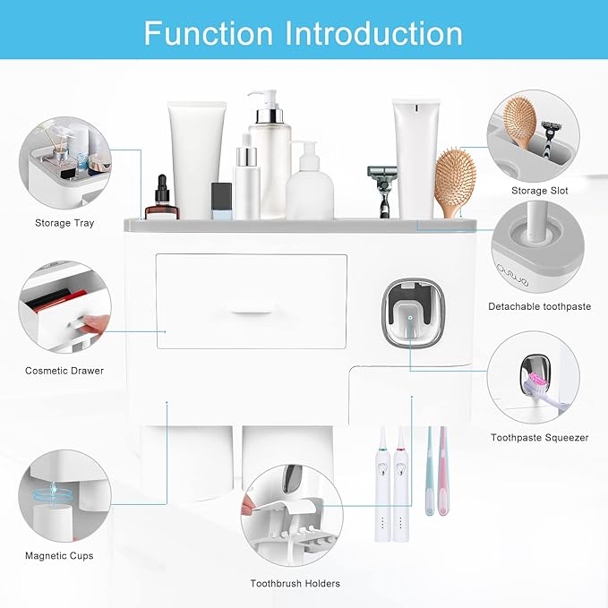 SKY-TOUCH 2 Cups Wall Mounted Toothbrush Holder, Multifunctional Space-Saving Toothbrush and Toothpaste Holder with Drawer for Cosmetics Organizer for Washroom and Bathroom