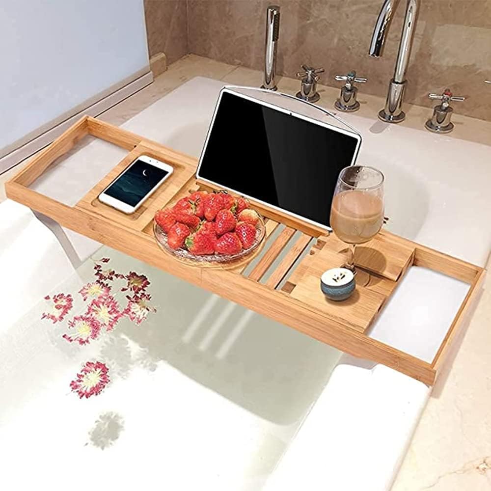 SKY-TOUCH Sky Touch Bathtub Tray Bamboo Bathtub Stand Holder Adjustable Bath Tray With Extendable Luxury Book Rest, Device Tablet, Kindle, Ipad, Smart Phone Tray For A Home Spa Experience, Yellow