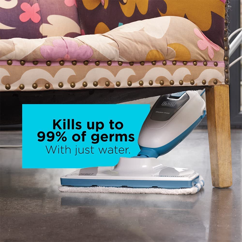 BLACK+DECKER Steam Mop, 1300W, Superheated Steam, 180° Swivel Steering, Microfiber Pad, 4m Cable, Safe on All Sealed Floors, for Home & Office, ECO Friendly, White/Blue - FSM13E1-B5