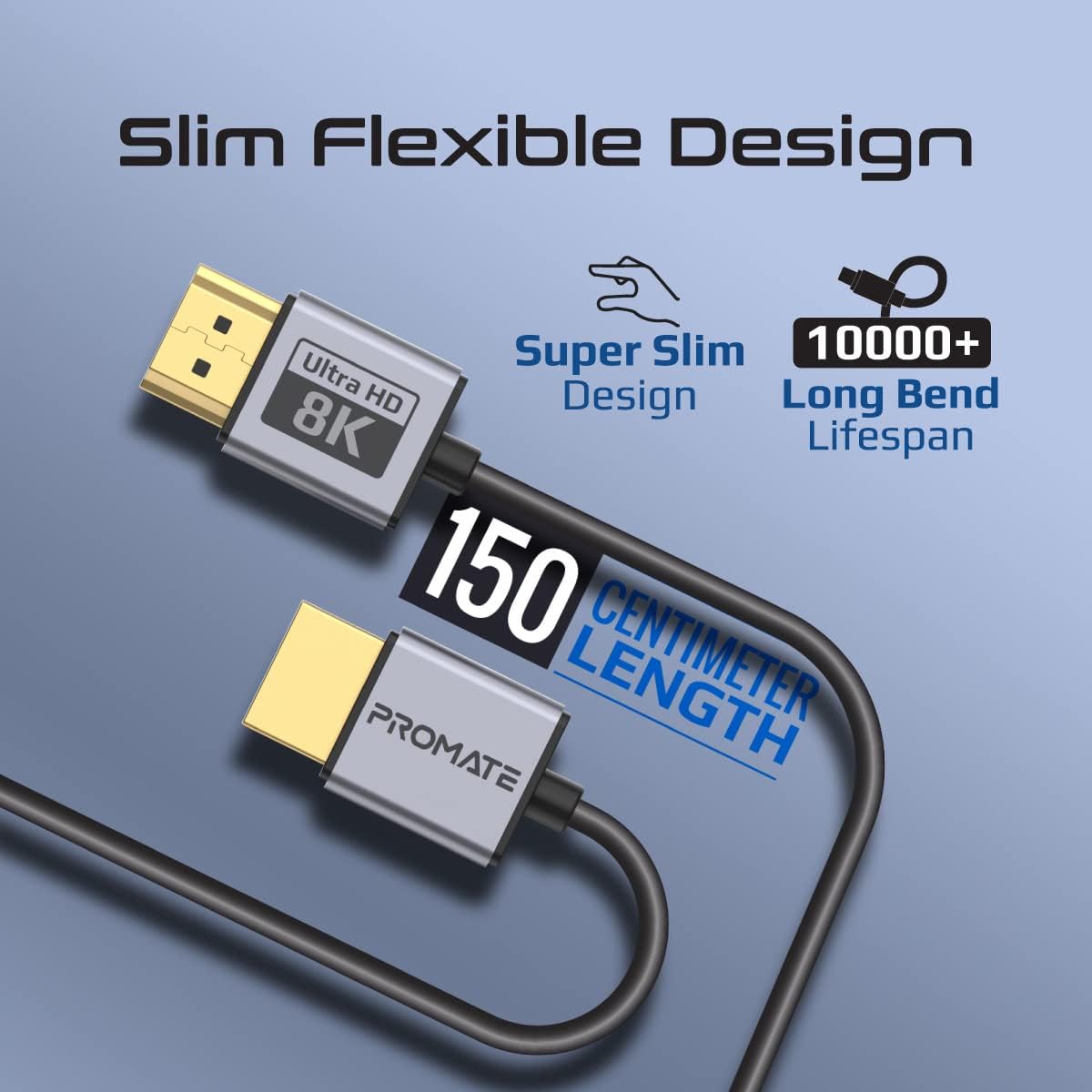 Promate HDMI 2.1 Cable, 1.5m HDMI to HDMI Slim Cable with 48Gbps Bandwidth, 8K@60Hz Resolution, UHD Dynamic HDR eARC Wire for MacBook Pro, PS5, TV, Xbox, Roku, Blu-ray Projector, PrimeLink8K-150