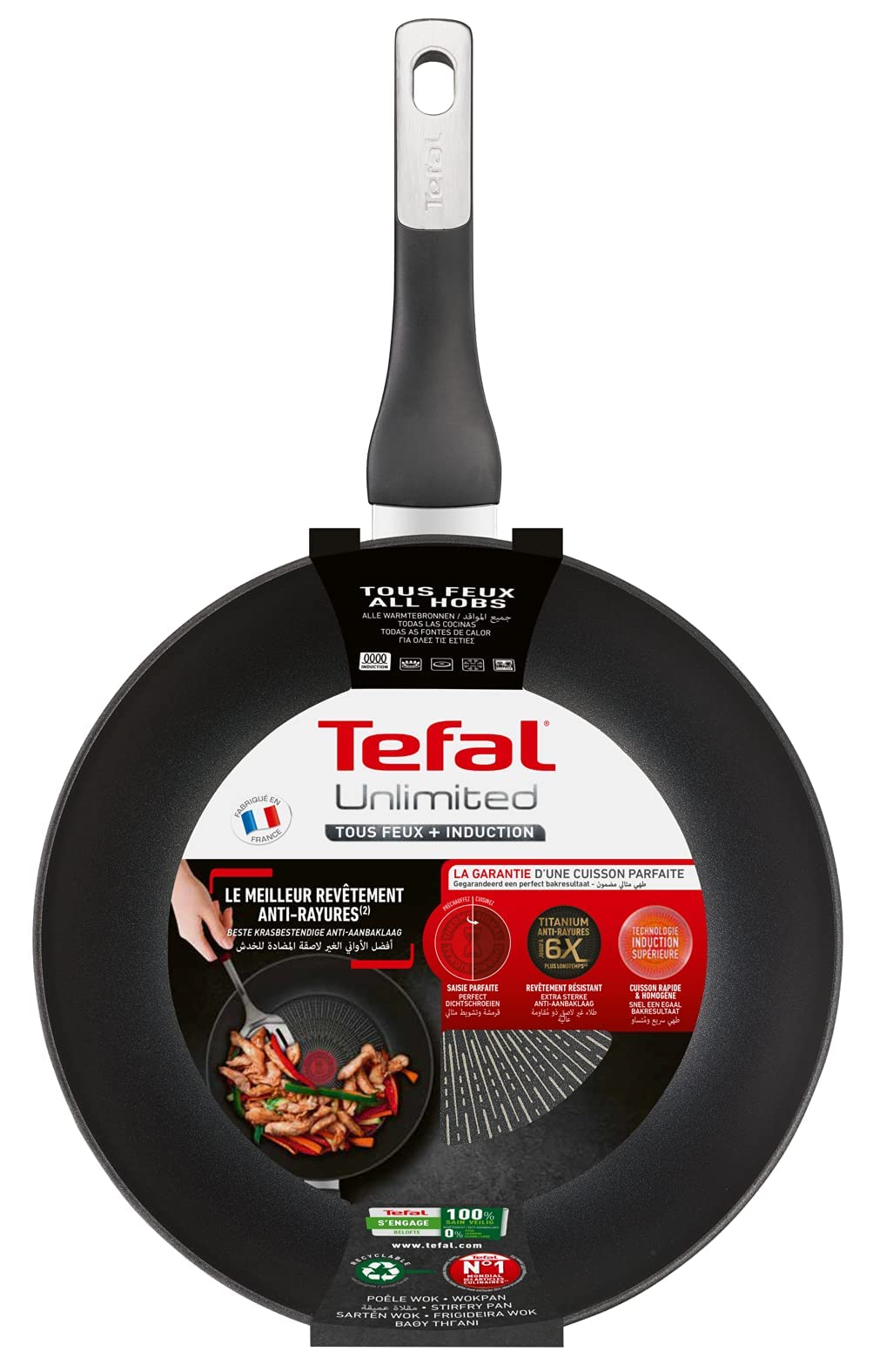 TEFAL UNLIMITED wok frypan 28 cm scratch resistance  easy cleaning  safe non stick coating thermo signal healthy cooking perfect searing made in France, Induction G2551902