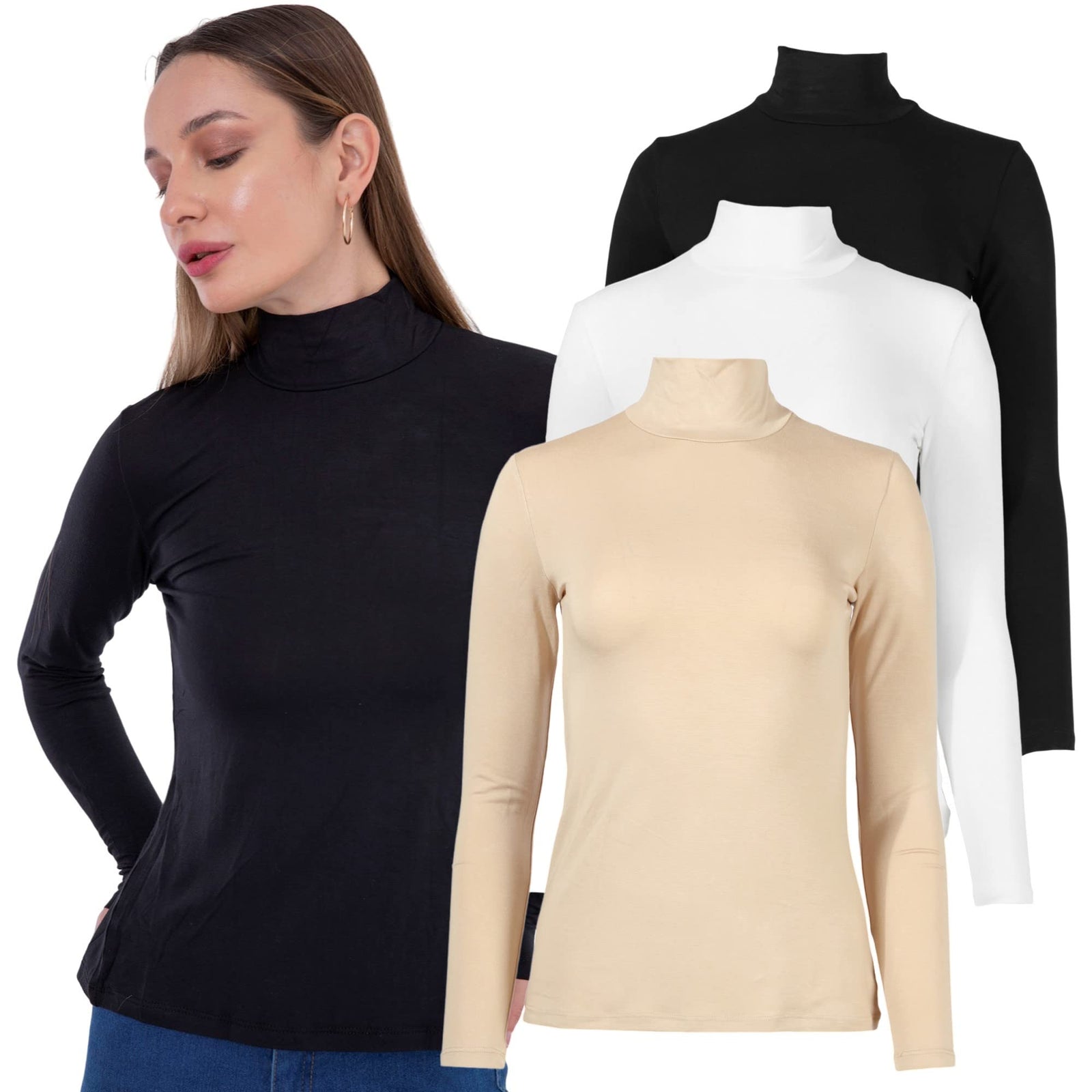 Carina Womens Set of Three High Neck Long Sleeve Classic Basic Top (pack of 3)