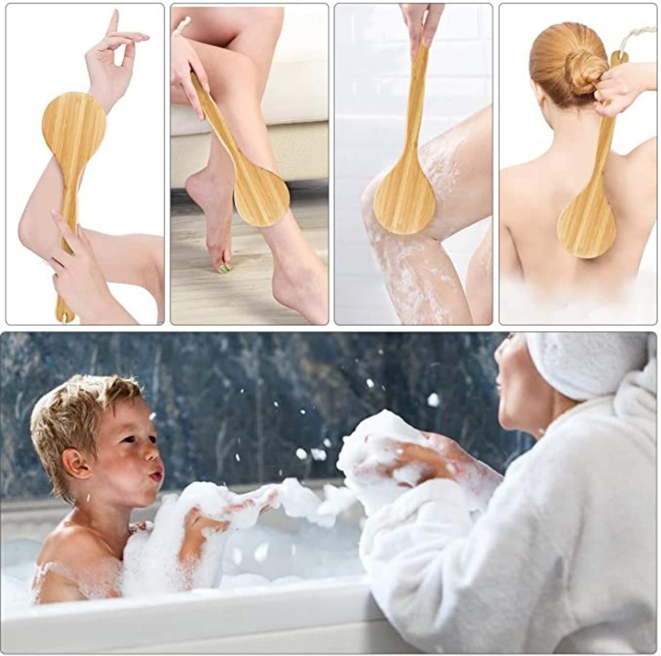 SKY-TOUCH Bath Brush Long Handle, Shower Brush Body Back Spa Clean, Bath Brush Natural Bristle Improves Blood Circulation, Exfoliates