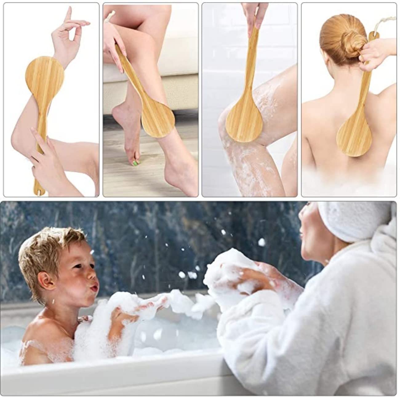 SKY-TOUCH Bath Brush Long Handle, Shower Brush Body Back Spa Clean, Bath Brush Natural Bristle Improves Blood Circulation, Exfoliates