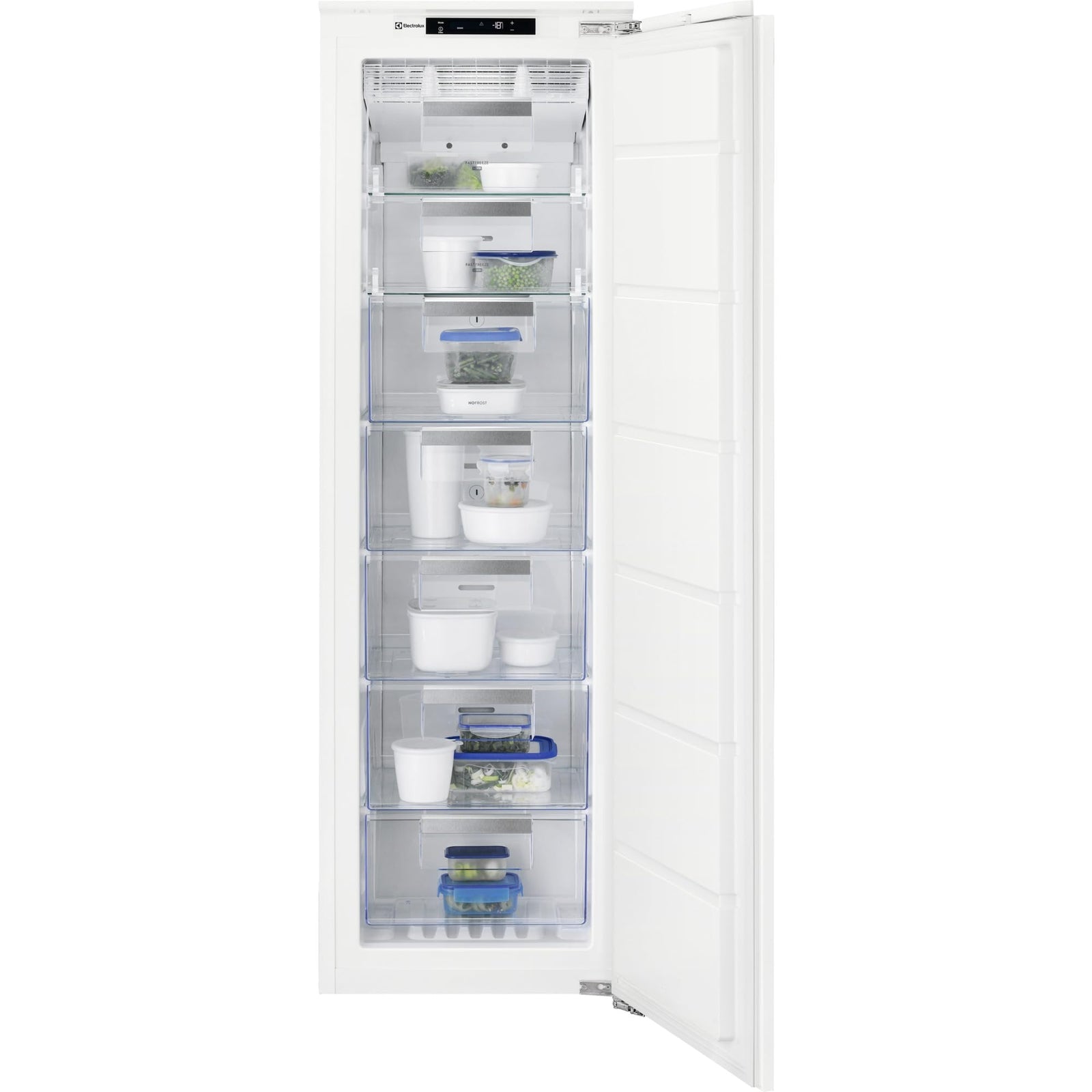 Electrolux Built in Upright Freezer 204L Net Capacity, No Frost Technology, Electronic Touch Controls with LCD Display, Fast Freeze System, High Efficiency & Low Noise, Reversible Door, EUC2244AOW