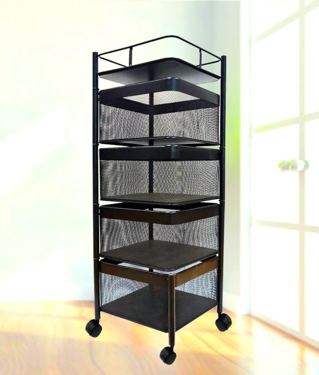 JSAAH Kitchen Rotating Fruit & Vegetable Basket Portable Storage Rack Rotationg Storage Kitchen Trolley of Fruits & Vegetable Kitchen Stand (Black)(Square, 4 Layer)