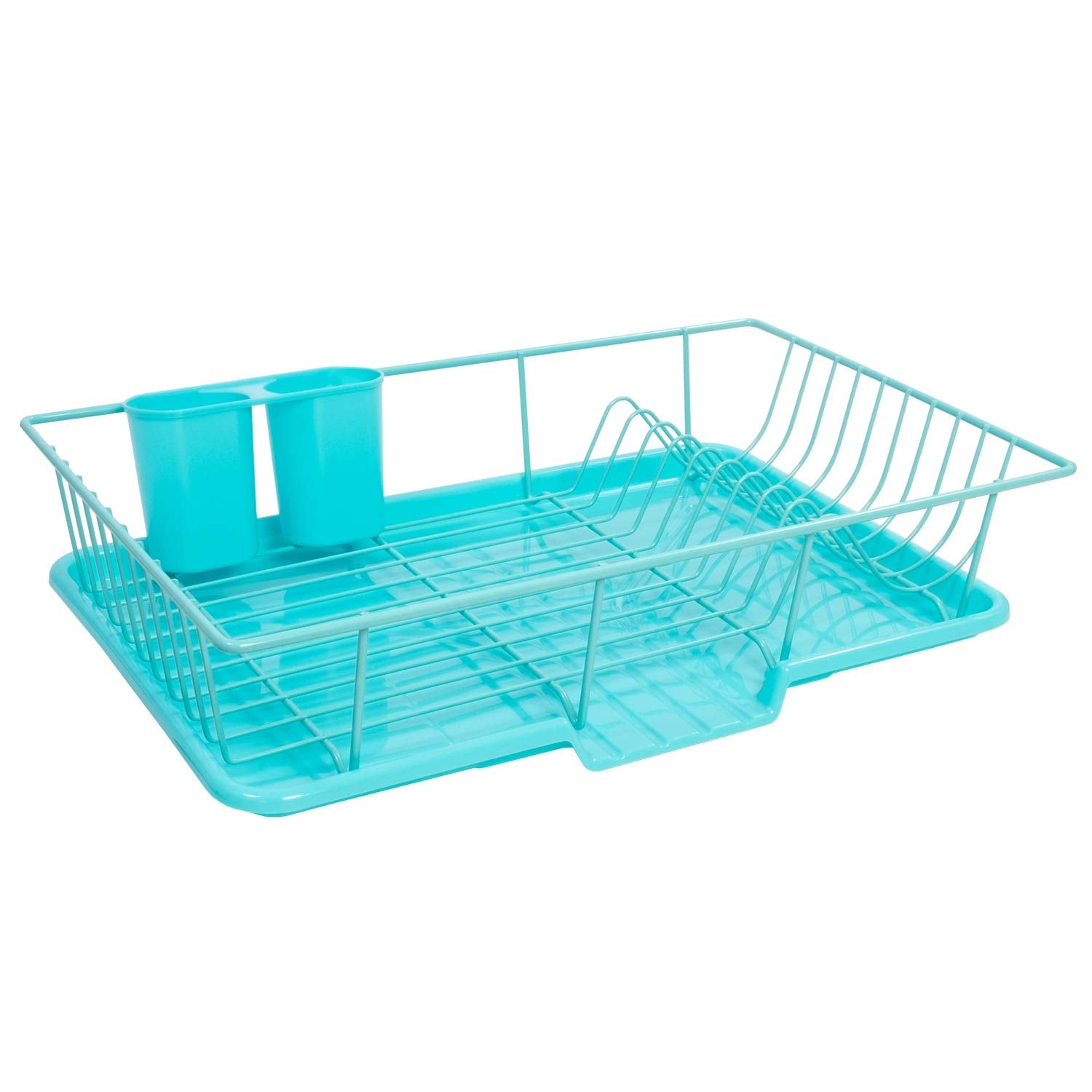 Sweet Home Collection Dish Rack Drainer 3 Piece Set with Drying Board and Utensil Holder, 17" x 12" x 5", Turquoise