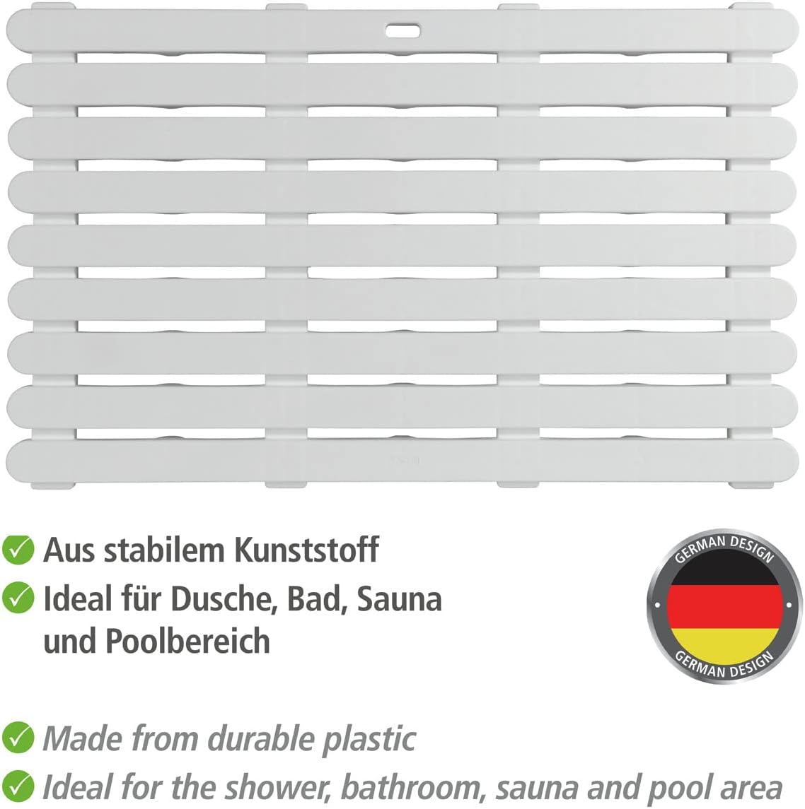 حصيرة حمام WENKO Duckboard، بلاستيك، حصيرة دش غير قابلة للانزلاق، تصميم حديث قوي ومتينة مع أكواب شفط لتثبيت آمن، 80x3x50 سم، باللون الأبيض