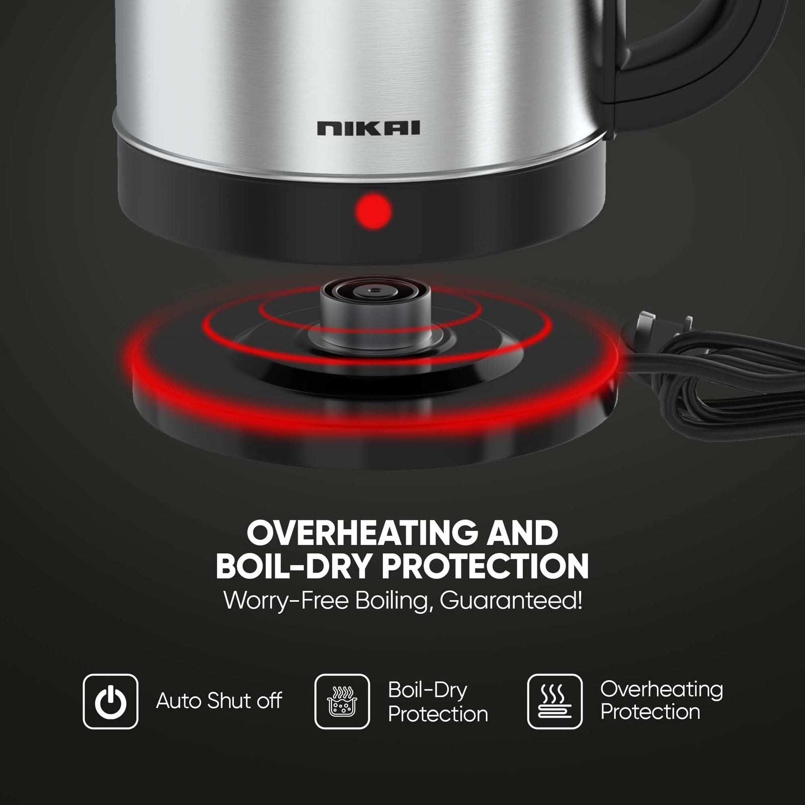 Nikai 1.7L Stainless Steel Electric Kettle, 2200W Power, Stylish & Safe Boiling, Auto Shut Off, Indicator Light, 360° Rotating Base, Timeless Design, Matt Finish, Ideal for Home & Office use - NK420A