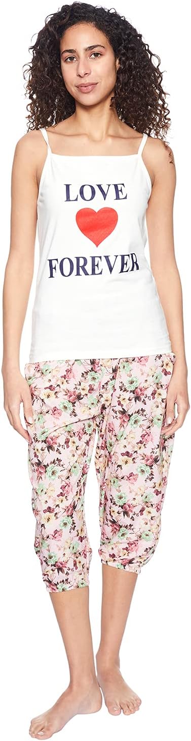 GIT Lycra Printed Spaghetti Straps Top with Three Quarter Pants Pajamas Set for Women - Off White and Pink