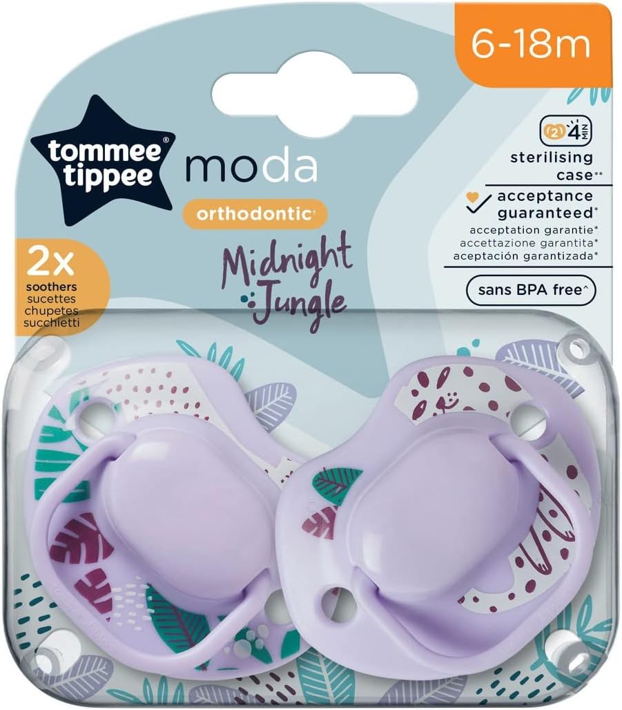 Tommee Tippee Moda Soothers, Symmetrical Orthodontic Design, BPA-Free Silicone Baglet, Includes Steriliser Box, 6-18m, Pack of 2, Purple