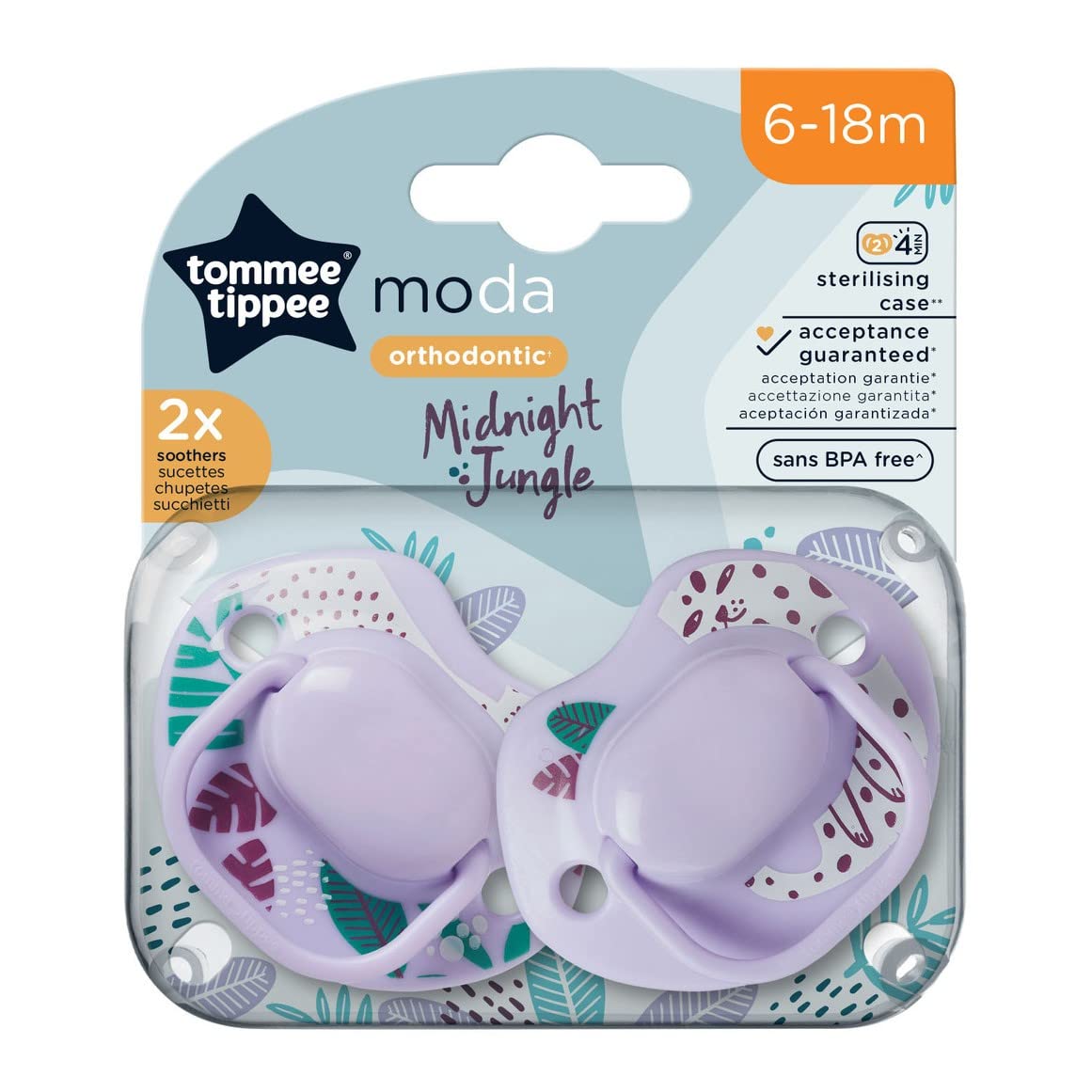 Tommee Tippee Moda Soothers, Symmetrical Orthodontic Design, BPA-Free Silicone Baglet, Includes Steriliser Box, 6-18m, Pack of 2, Purple