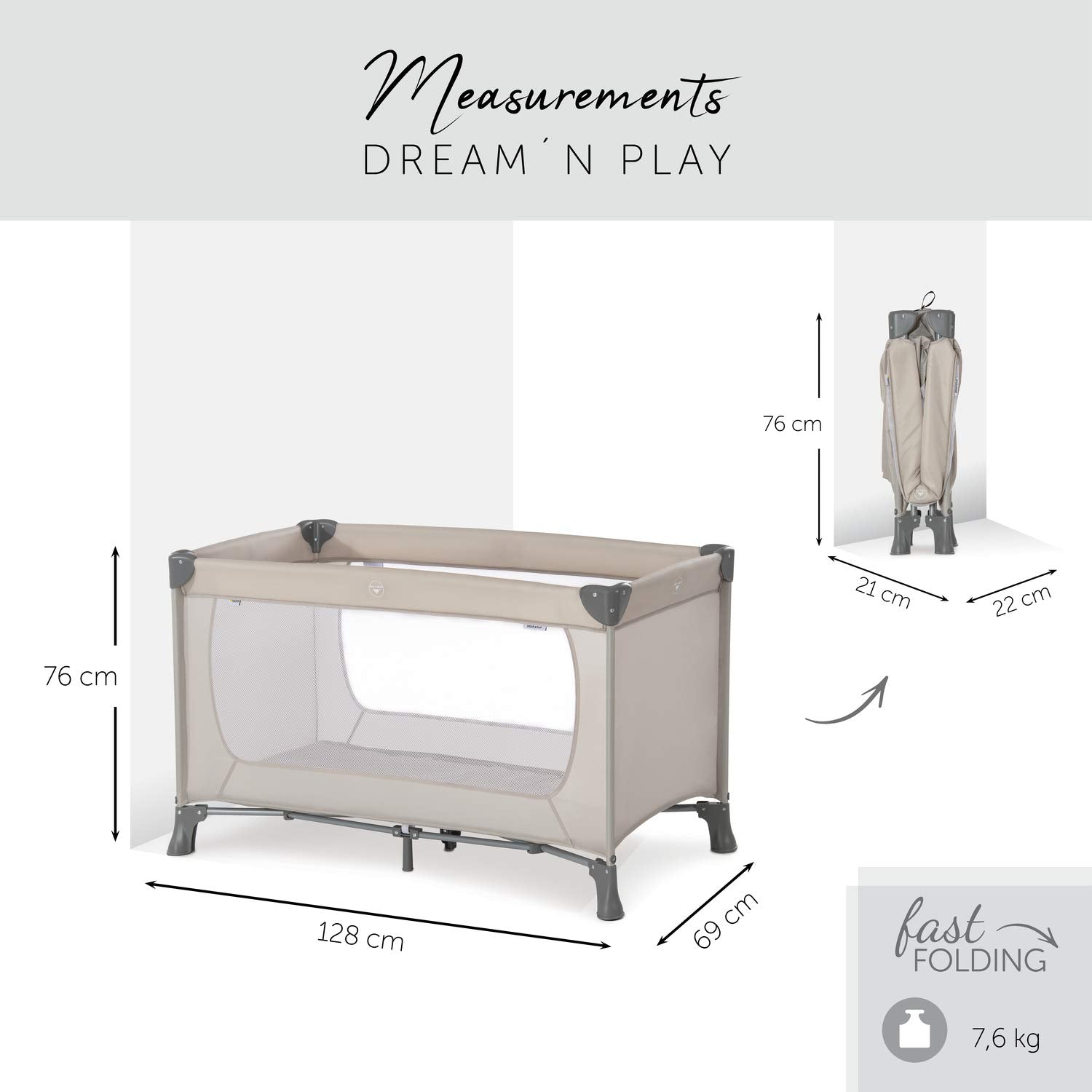 Hauck Dream N Play Travel Cot, Beige - Lightweight, Fast Folding & Compact, with Travel Bag, 120cm x 60cm, from Birth - 15kg