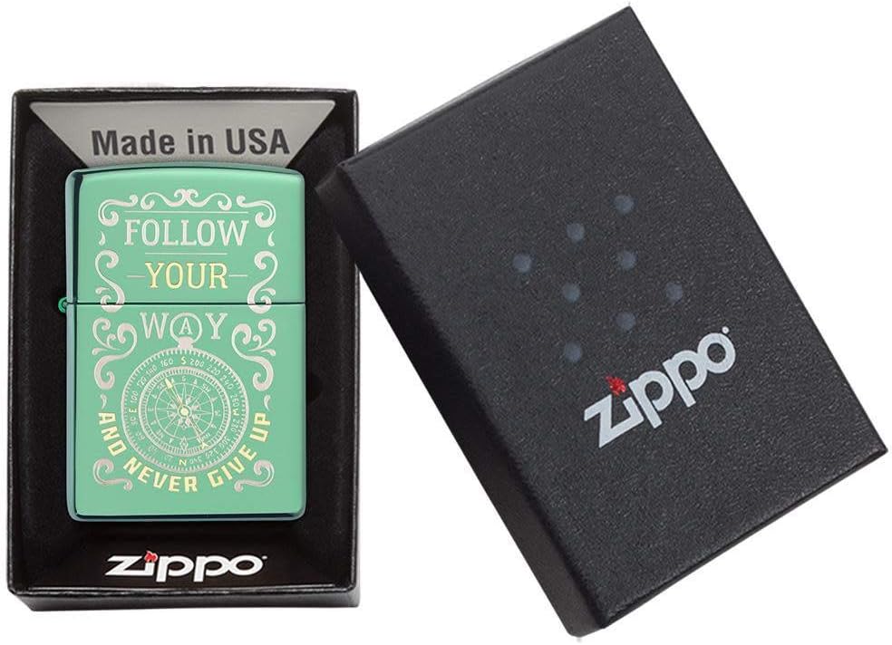 Zippo Follow Your Way Compass Design High Polish Windproof Lighter, Green, One Size