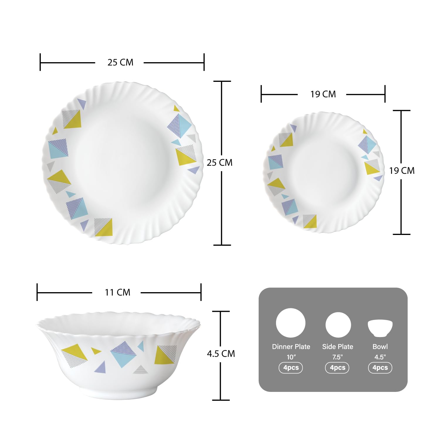 BOROSIL LARAH PLANO OPAL DINNER SET, TIRANA, 12DSPL01-TI, 12 PC SET (4 x Dinner Plate; 4 x Side Plate; 4 x Bowl)