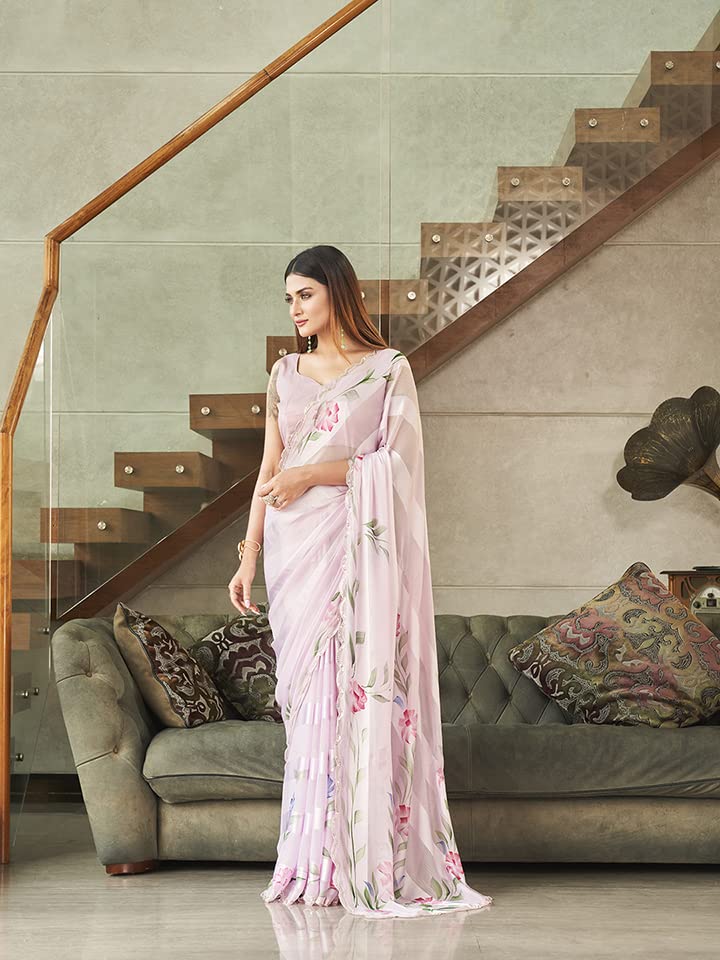 Womanista Women's Satin Hand Print Saree (TI3310_Baby Pink)
