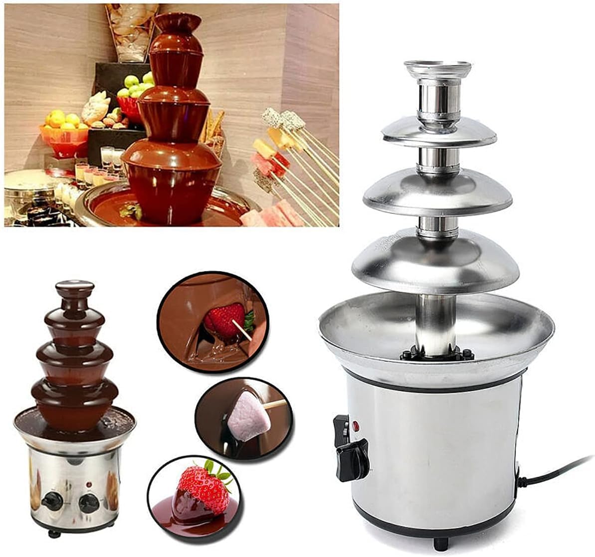 ECVV Stainless Steel 4 Tiers Chocolate Fountain Machine 1.8Kg Capacity Chocolate Fondue Waterfall Melting Tower, Adjustable Temperature,