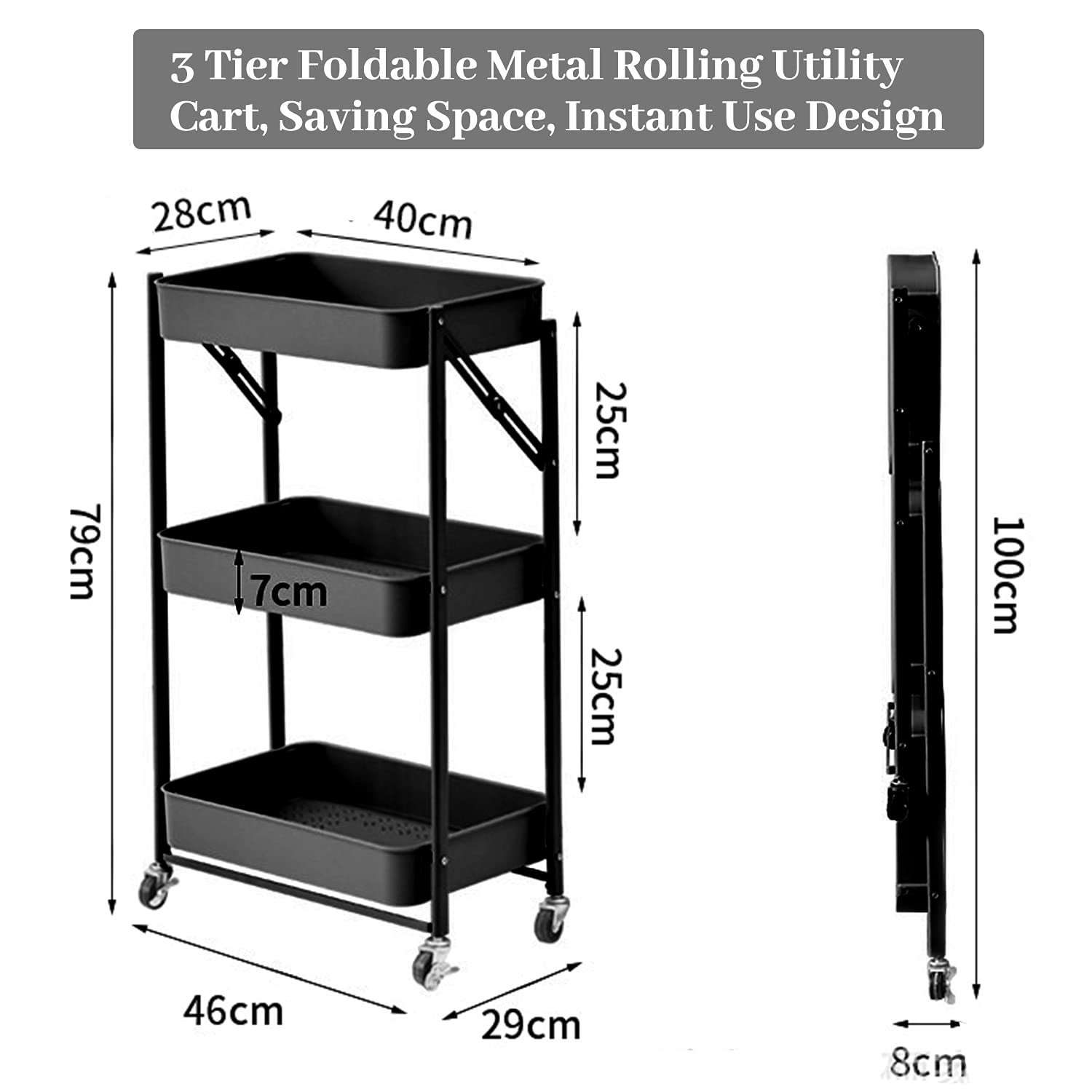 ECVV 3 Tier Utility Rolling Cart Foldable Metal with Caster Wheels Multifunction Storage Unit Locking for Bathroom Kitchen Office Balcony Living Room (Black)