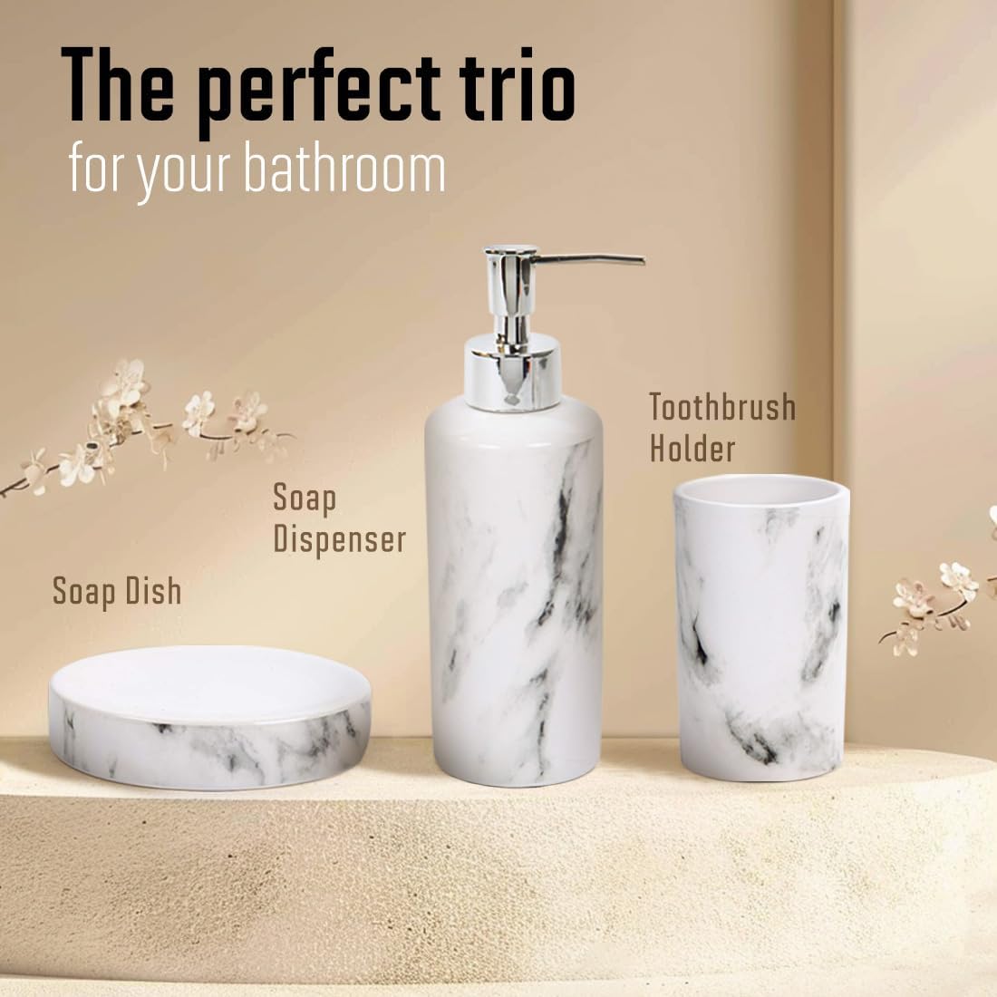Bodico White 3-Piece Marble Bathroom Accessory Set