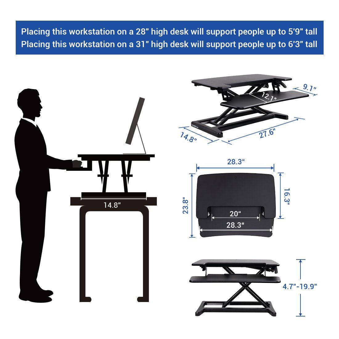 Flexispot Stand Up Desk Converter 28 Standing Desk Riser With Deep Keyboard Tray For Laptop 28", Black, M7B, M7B-Sba