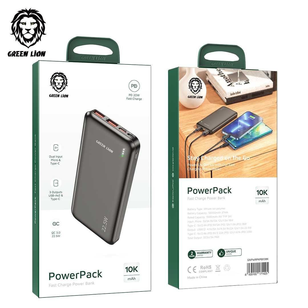 Green Lion PowerPack Fast Charge Power Bank 10000mAh PD 20W QC3.0 22.5W - Black