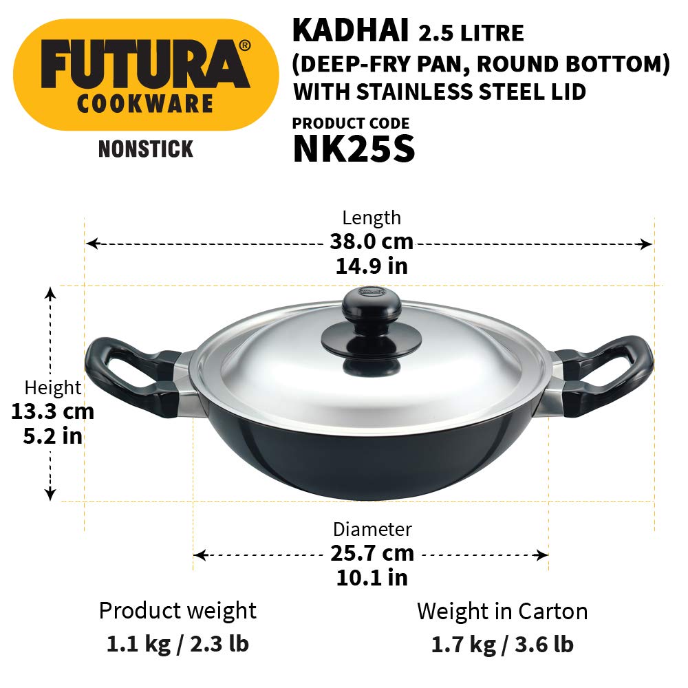 Hawkins Futura Nonstick Kadhai 2.5 L, 26 cm, 3.25 mm with SS lid (Black)