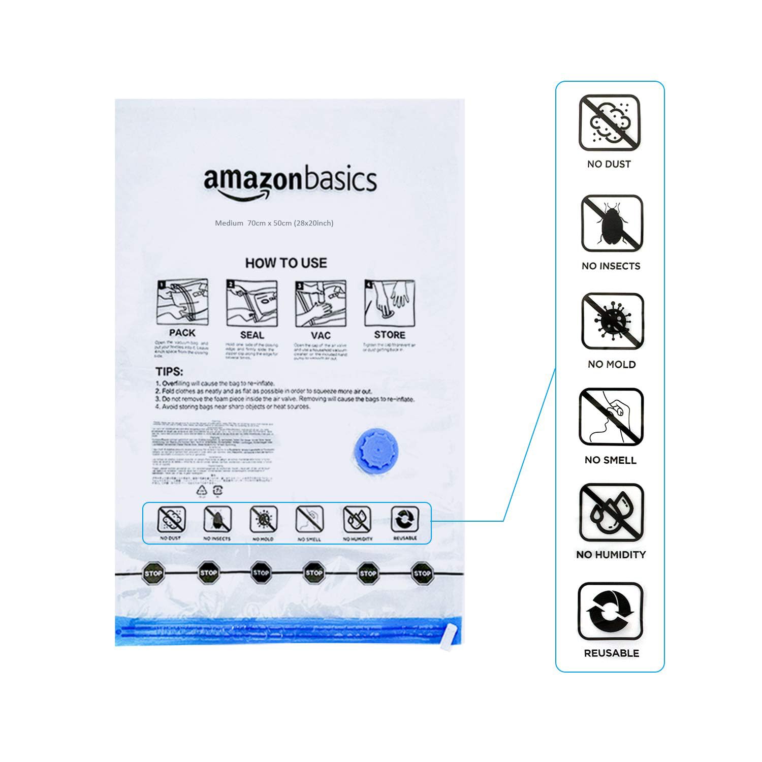 Amazon Basics Vacuum Compression Zipper Storage Bags with Airtight Valve and Hand Pump, 3x (Jumbo, Large, Medium, Small), 12-Pack, Multiple, Clear