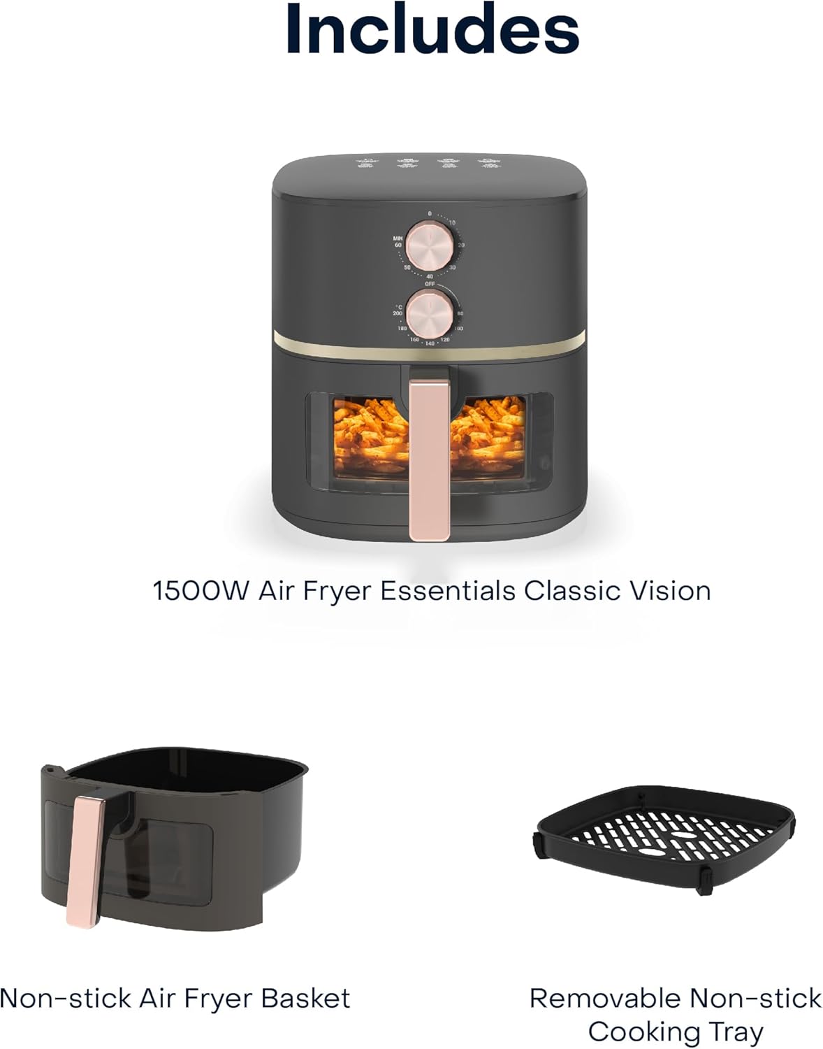 Nutricook Essential Air Fryer Classic Vision, 5.2L Capacity with Clear Window and Internal Light, ProCyclone Technology, 2 Control Knobs,1500 Watts