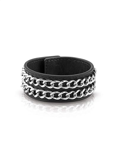 Guess American Dream Leather & Stainless Steel Chain Wristband for Women - Silver