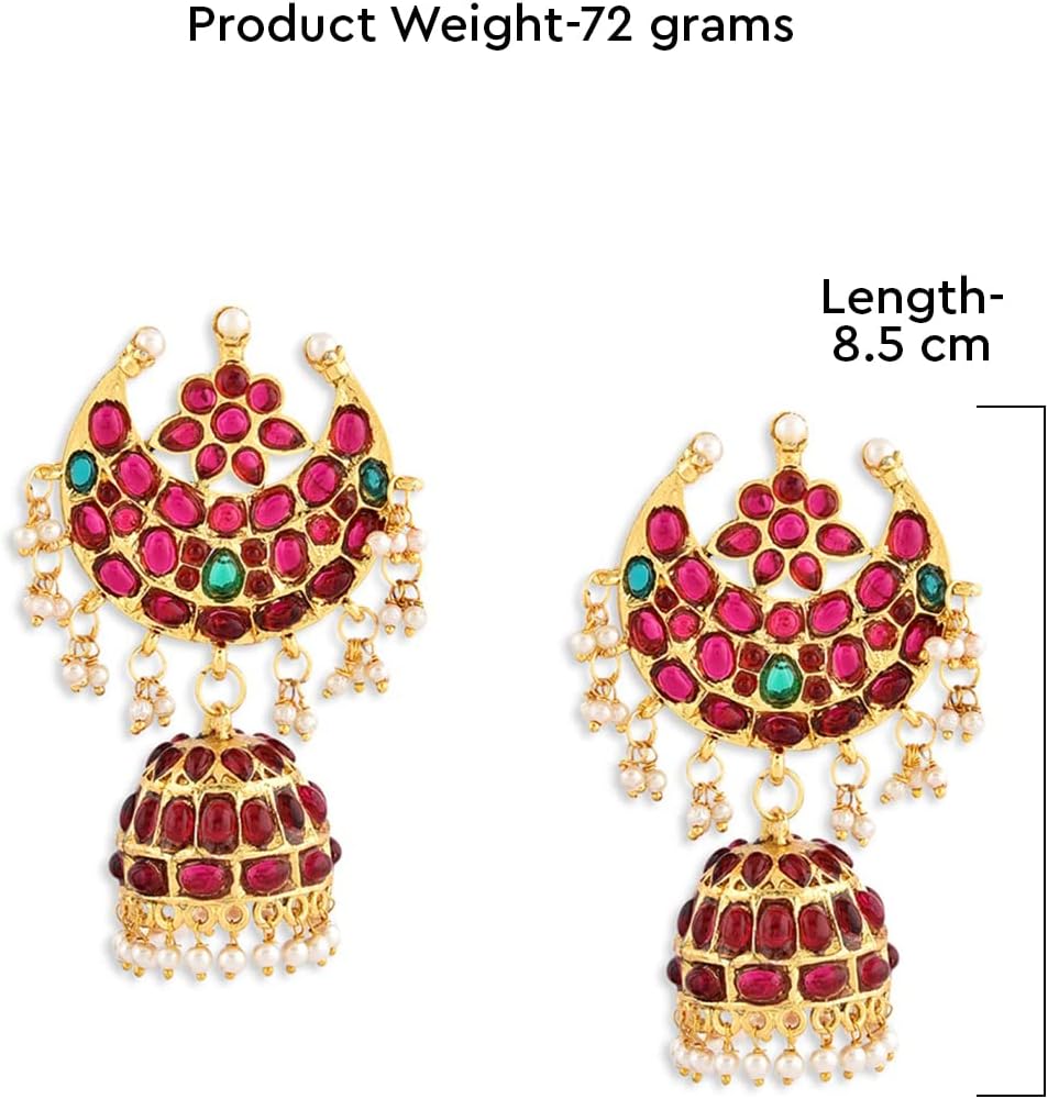 ZAVERI PEARLS Pink And Green Stones Base Metal South Indian Style Traditional Jhumki Earring For Women - Zpfk9526